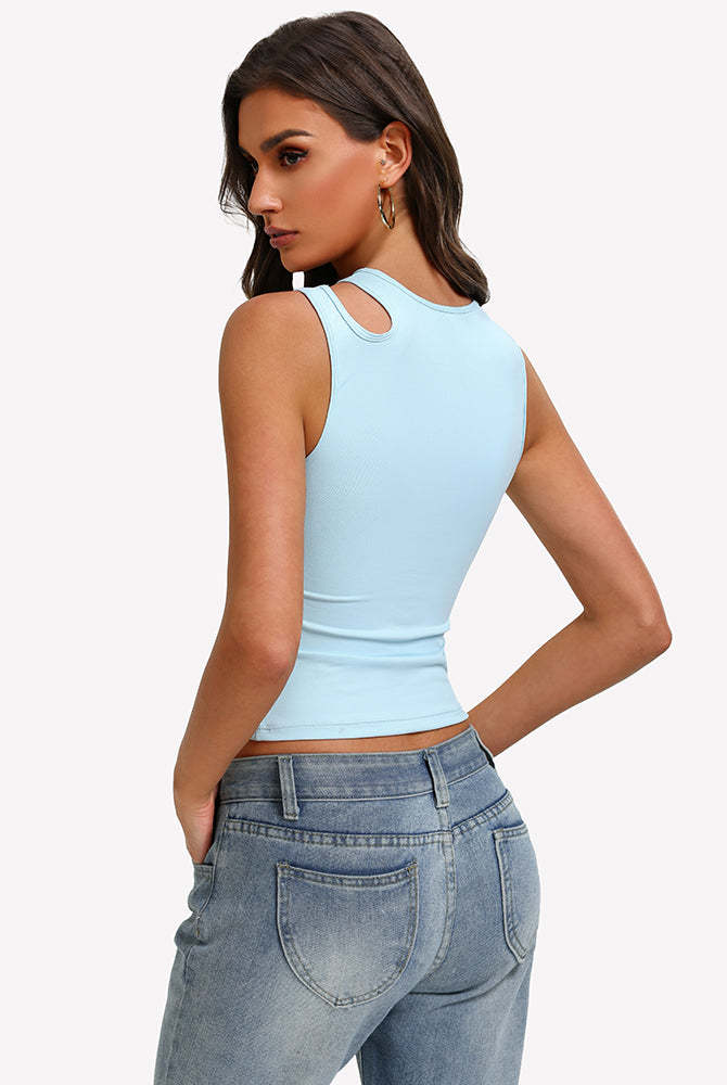 Fitted hollow-out crop tank top in light blue with round neck and chest cutout, side