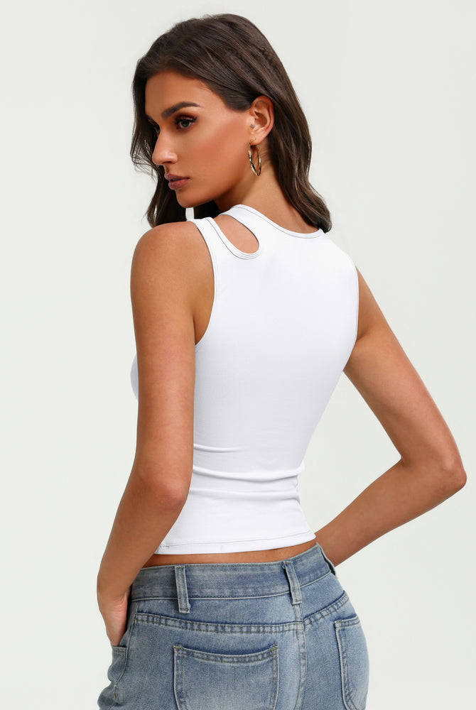 Fitted hollow-out crop tank top with oval cutout back, white