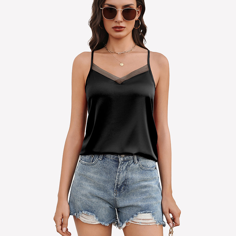 Silk Satin Tank Tops Mesh V Neck Camisole