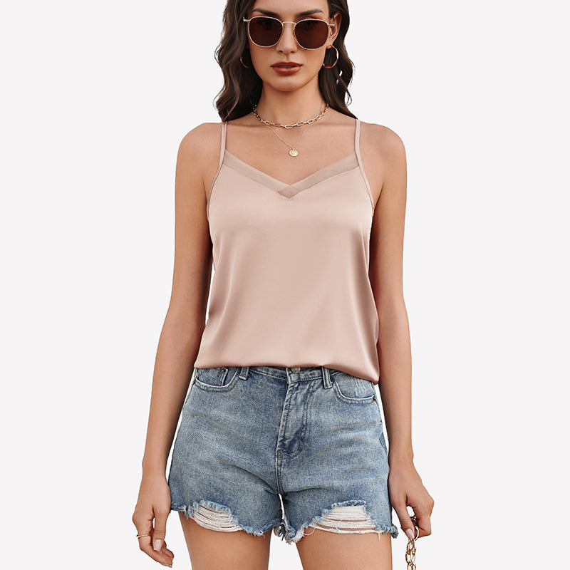 Silk Satin Tank Tops Mesh V Neck Camisole