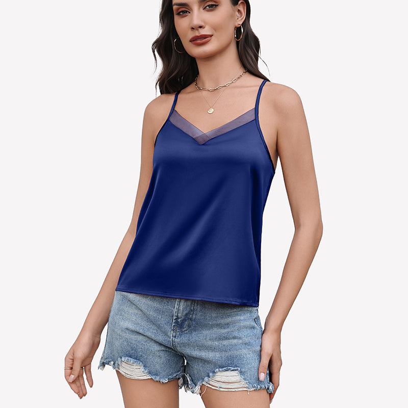 Silk Satin Tank Tops Mesh V Neck Camisole