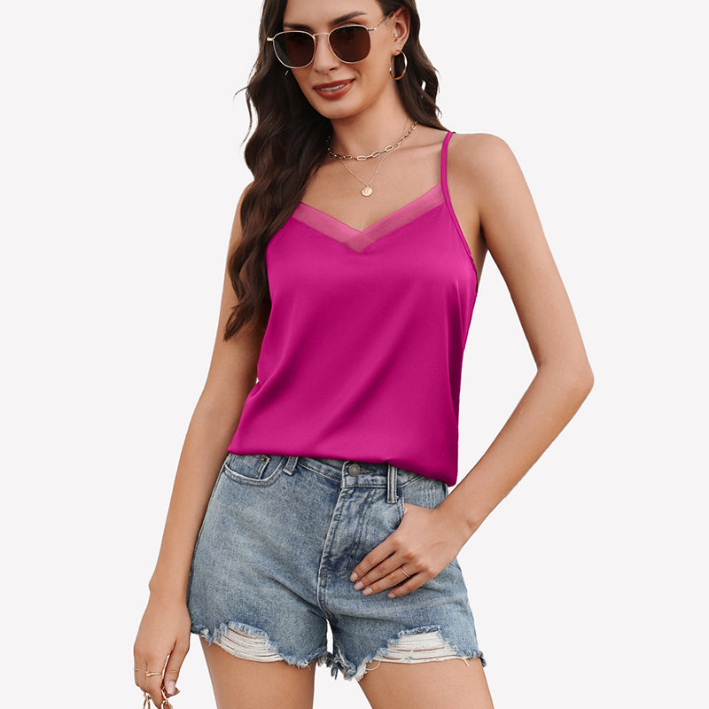 Silk Satin Tank Tops Mesh V Neck Camisole
