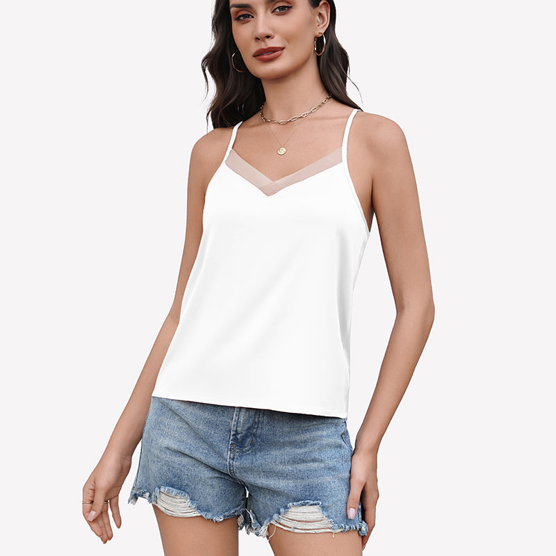 Silk Satin Tank Tops Mesh V Neck Camisole