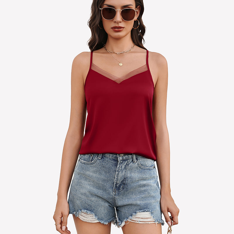 Silk Satin Tank Tops Mesh V Neck Camisole