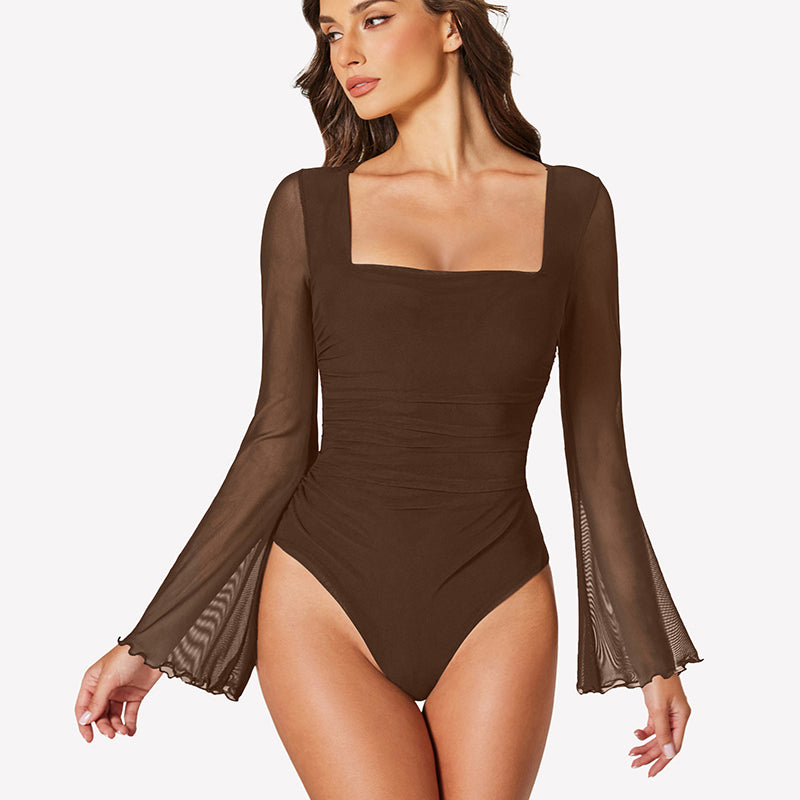 Long Bell Sleeve Mesh Square Neck Bodysuit