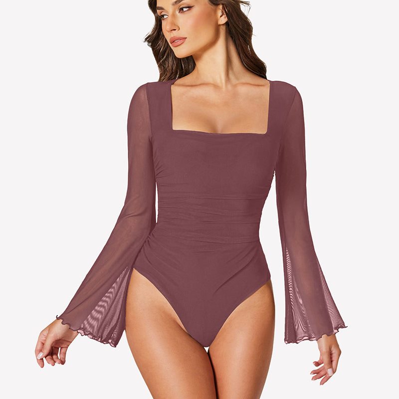 Long Bell Sleeve Mesh Square Neck Bodysuit