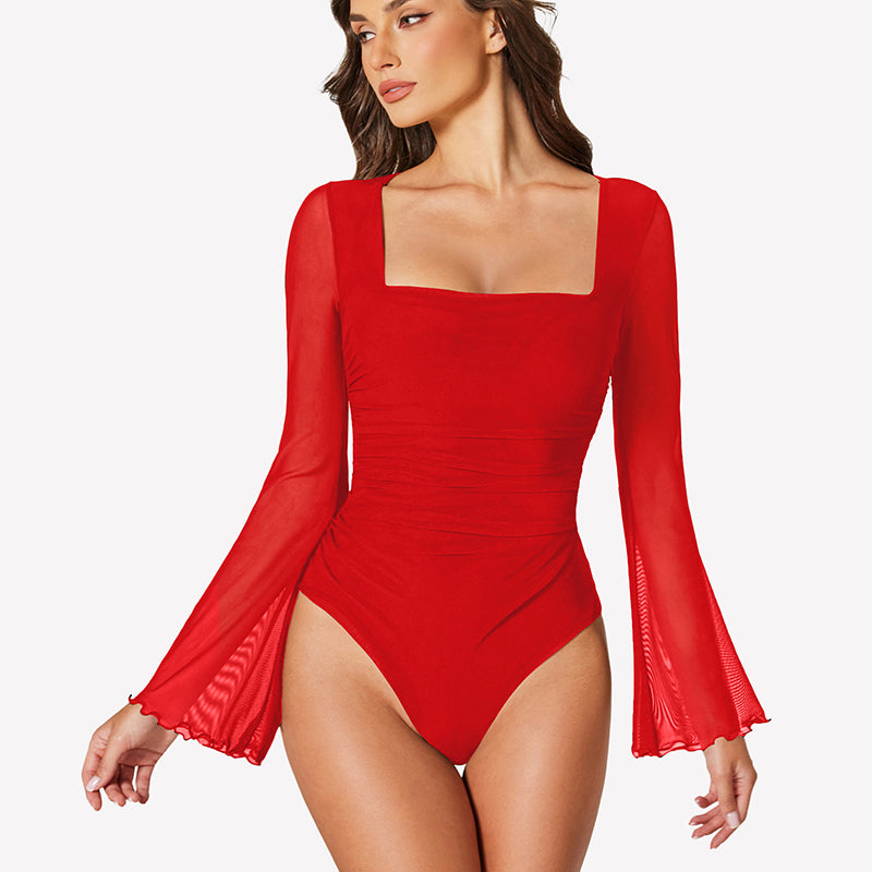 Long Bell Sleeve Mesh Square Neck Bodysuit