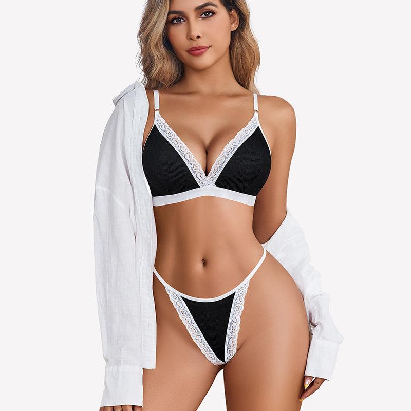 Ribbed Bra and Pany Set with Lace Trim