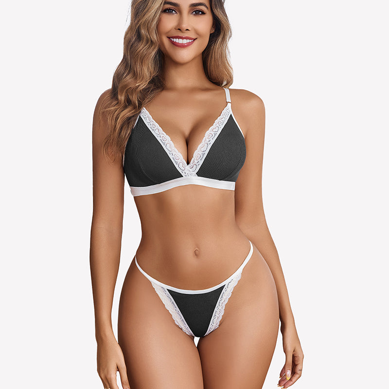Ribbed Bra and Pany Set with Lace Trim
