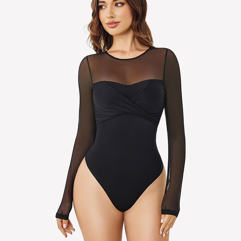 Long Sleeve Sheer Leotard Twist Knot Tops