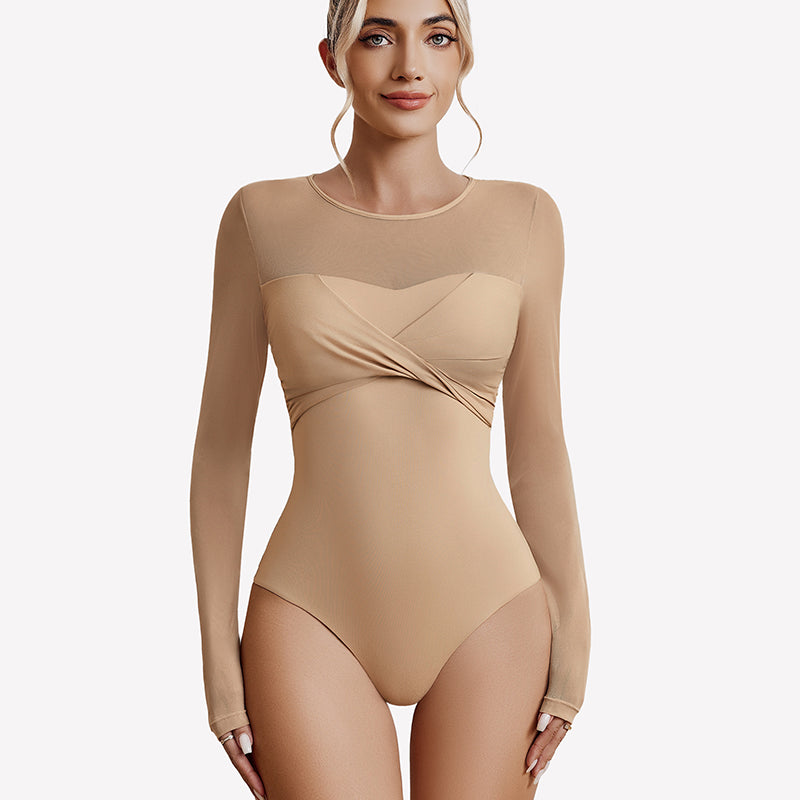 Long Sleeve Sheer Leotard Twist Knot Tops