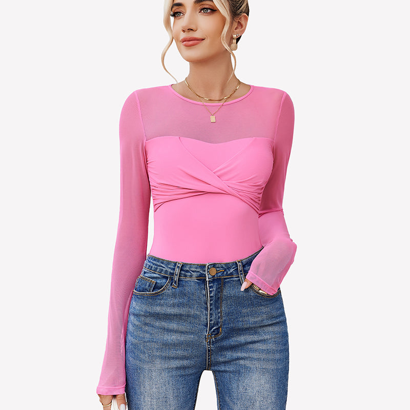 Long Sleeve Sheer Leotard Twist Knot Tops