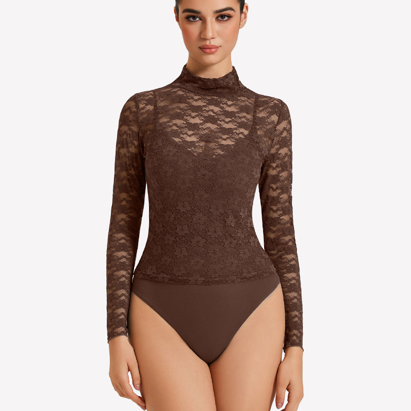 Long Sleeve Bodysuit Lace Tops Two Piece Set