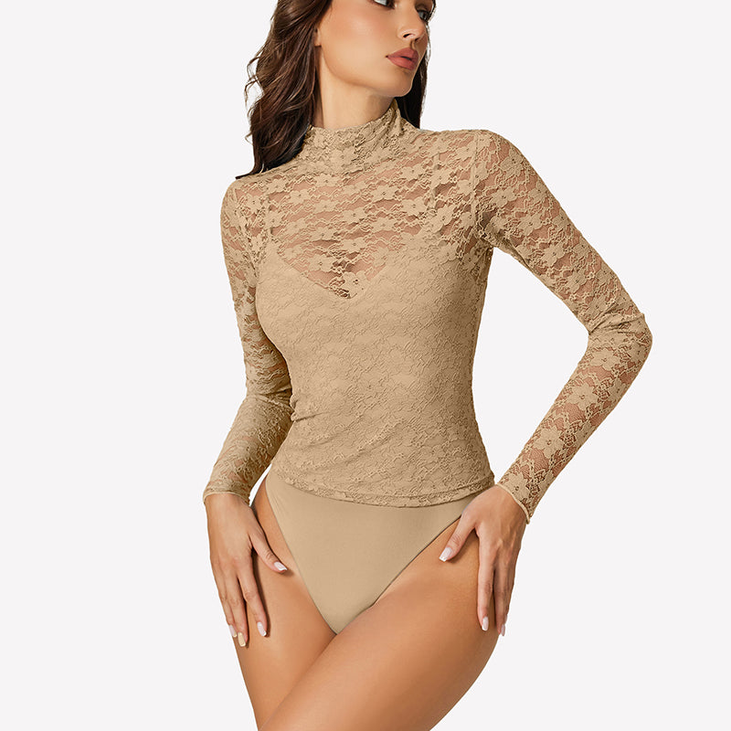 Long Sleeve Bodysuit Lace Tops Two Piece Set