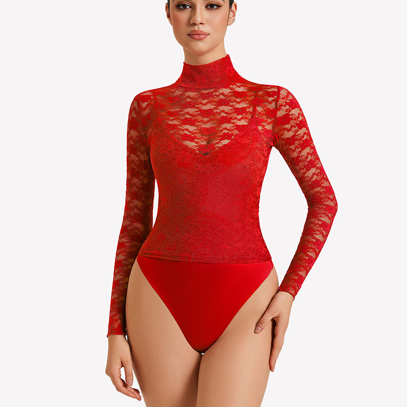 Long Sleeve Bodysuit Lace Tops Two Piece Set