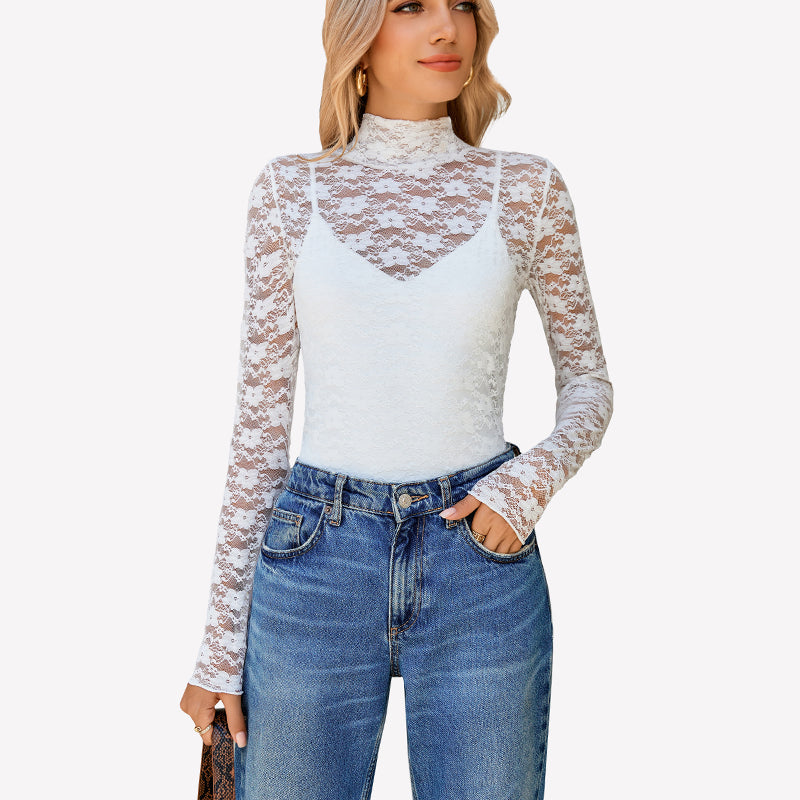 Long Sleeve Bodysuit Lace Tops Two Piece Set