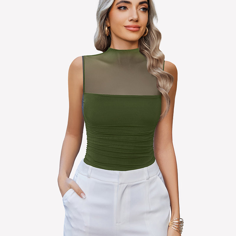 Mock Neck Mesh Bodysuit Ruched Tank Top