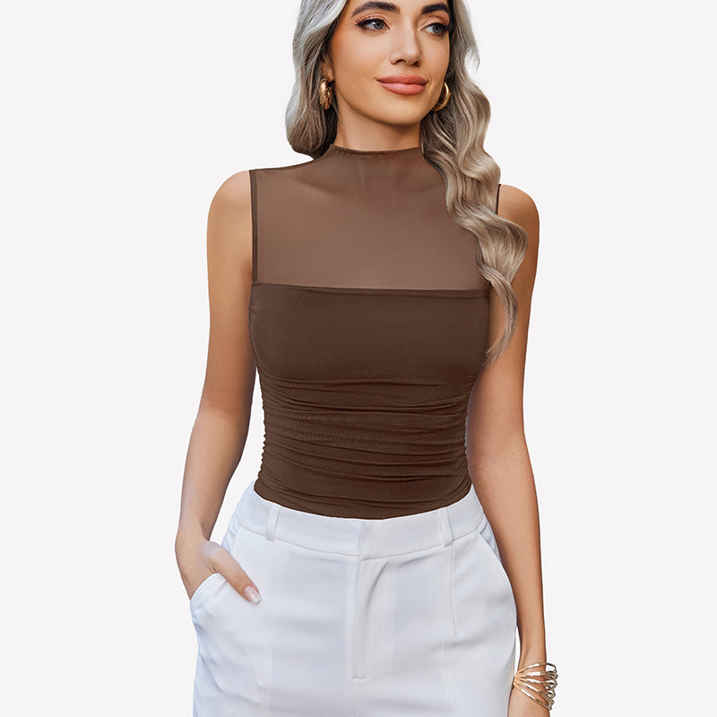 Mock Neck Mesh Bodysuit Ruched Tank Top