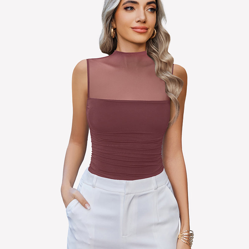Mock Neck Mesh Bodysuit Ruched Tank Top