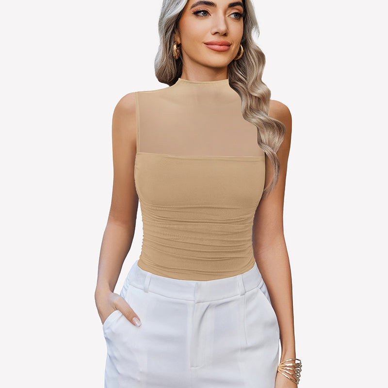 Mock Neck Mesh Bodysuit Ruched Tank Top