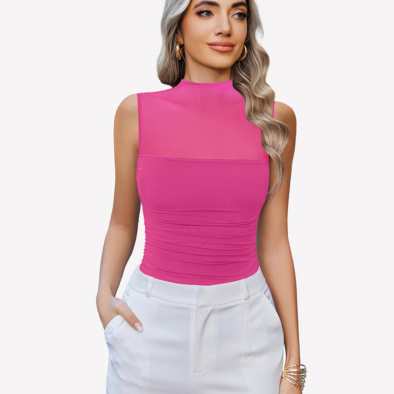 Mock Neck Mesh Bodysuit Ruched Tank Top