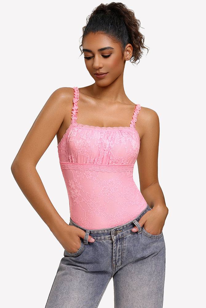Pink lace thong bodysuit with square neckline and sleeveless ruffle straps