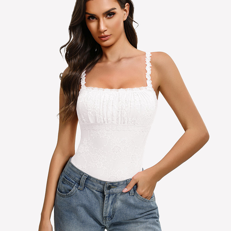 White lace thong bodysuit with square neckline and ruffled straps, sleeveless
