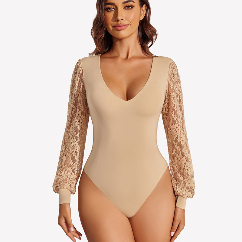 Double Lined Lace Puff Sleeves Leotard