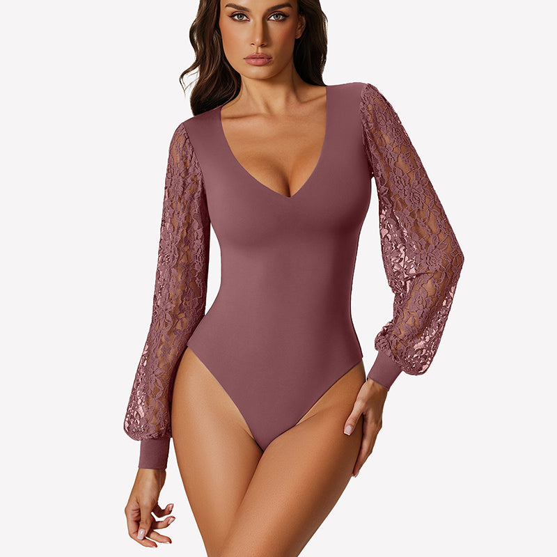 Double Lined Lace Puff Sleeves Leotard