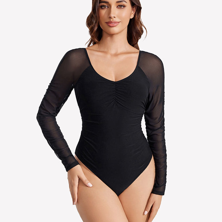 Long Sleeve Bodysuit Mesh Ruched Shapewear