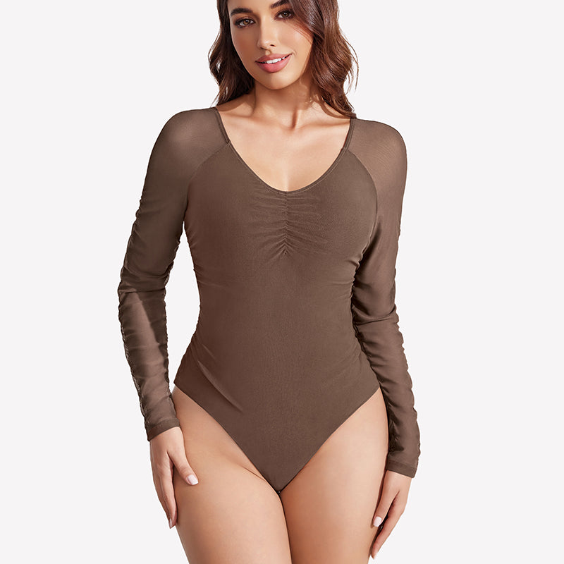 Long Sleeve Bodysuit Mesh Ruched Shapewear