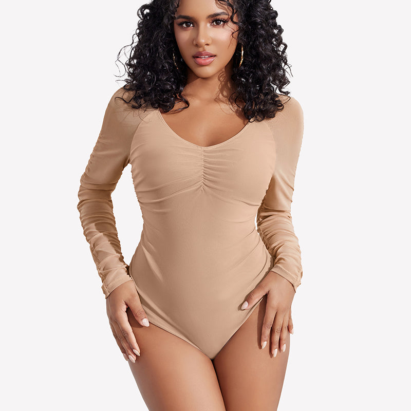 Long Sleeve Bodysuit Mesh Ruched Shapewear