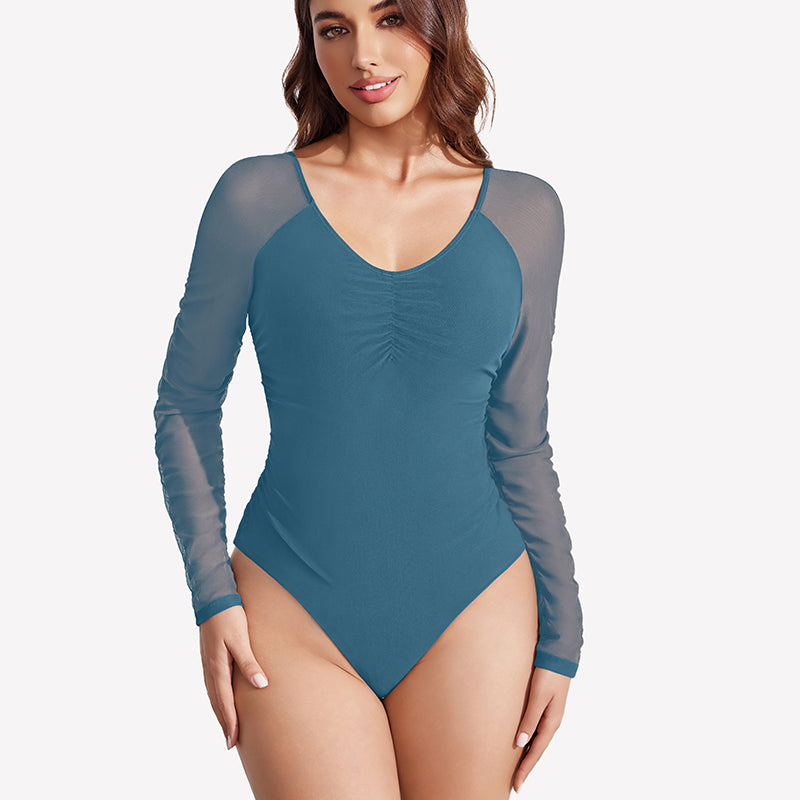 Long Sleeve Bodysuit Mesh Ruched Shapewear