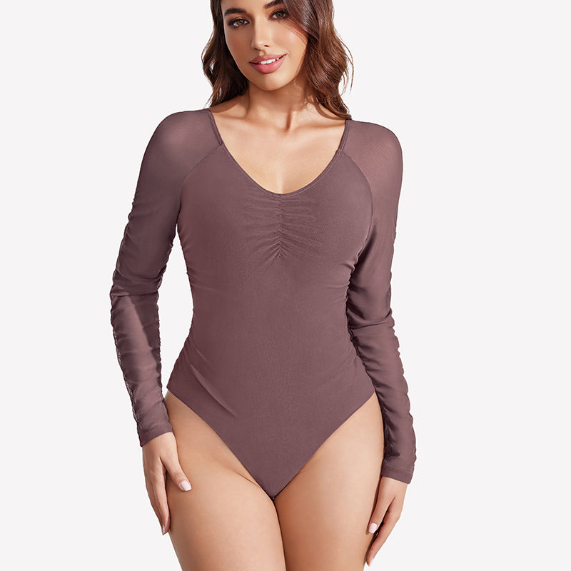 Long Sleeve Bodysuit Mesh Ruched Shapewear