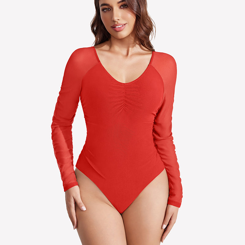 Long Sleeve Bodysuit Mesh Ruched Shapewear