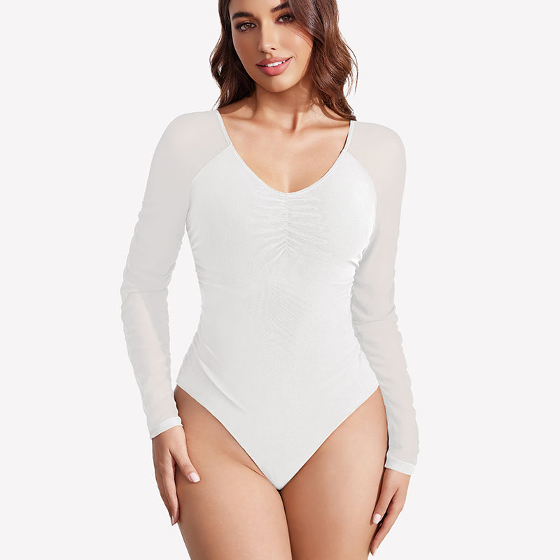 Long Sleeve Bodysuit Mesh Ruched Shapewear