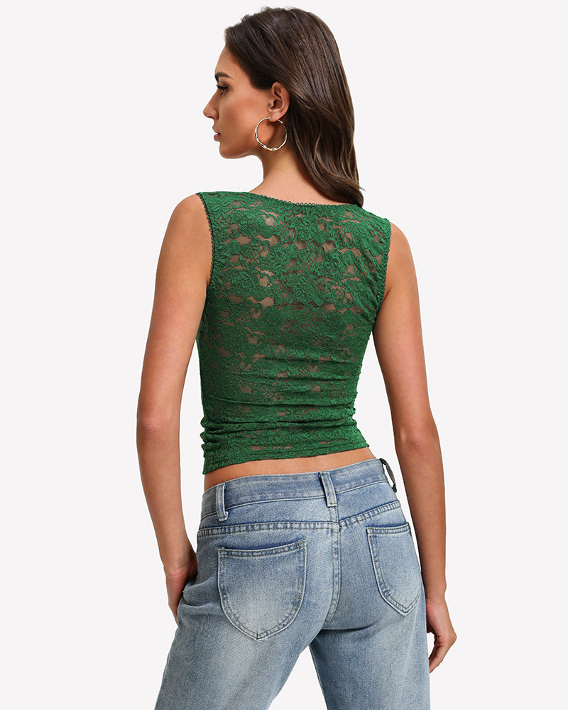 Green lace square-neck double-lined going-out top, back view