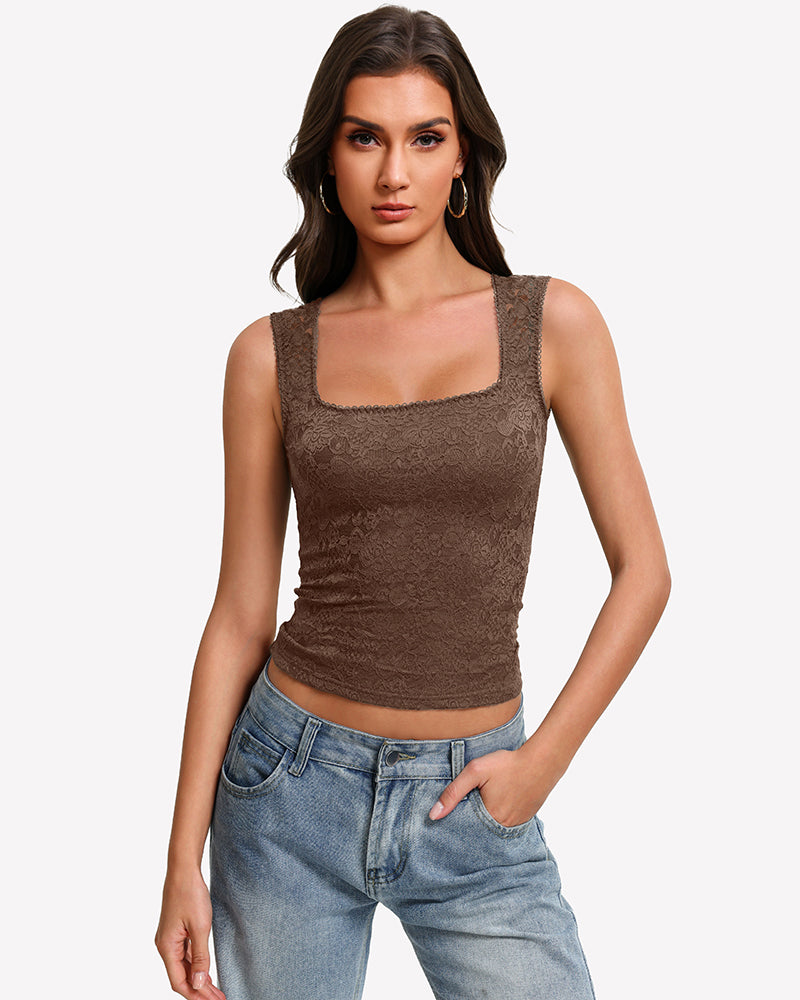 Square-neck double-lined lace going-out top, brown, sleeveless