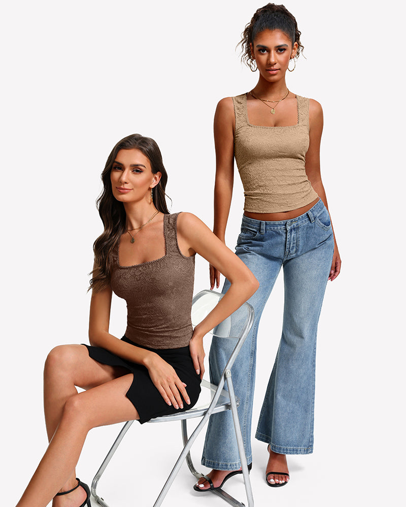 Brown lace square-neck double-lined going-out top, front view