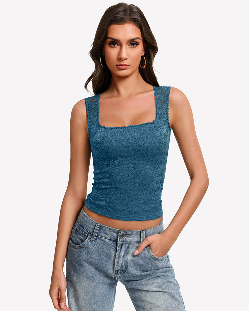 Square-neck double-lined lace going-out top, blue, sleeveless
