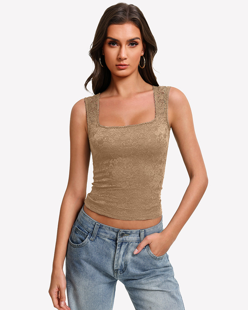 Square-neck double-lined lace going-out top, khaki, sleeveless