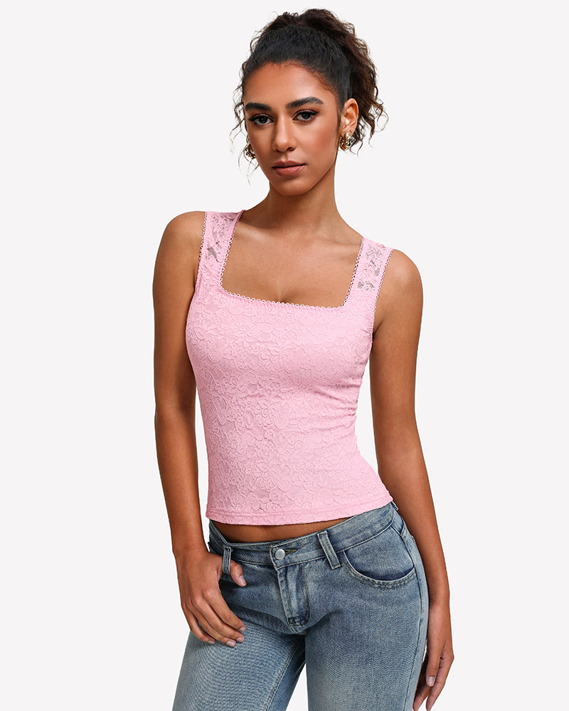 Square-neck double-lined lace going-out top, pink, sleeveless