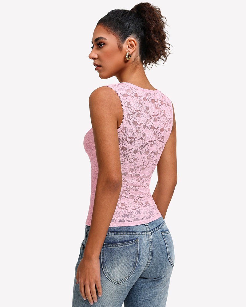 Pink lace square-neck double-lined going-out top, back view