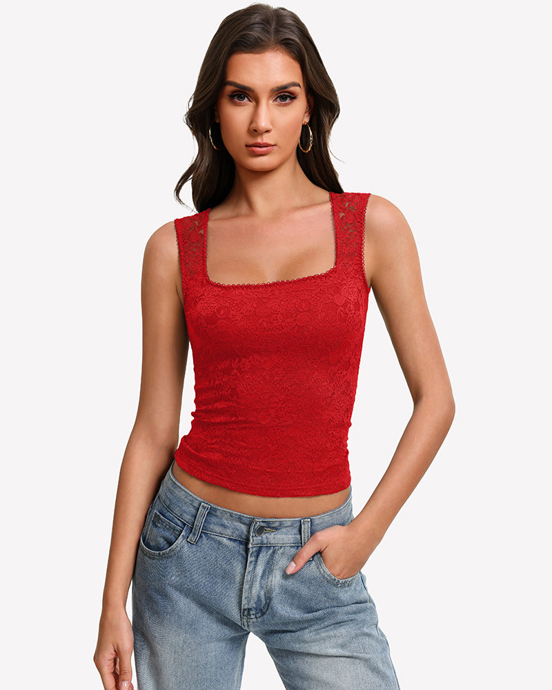 Square-neck double-lined lace going-out top, red, sleeveless