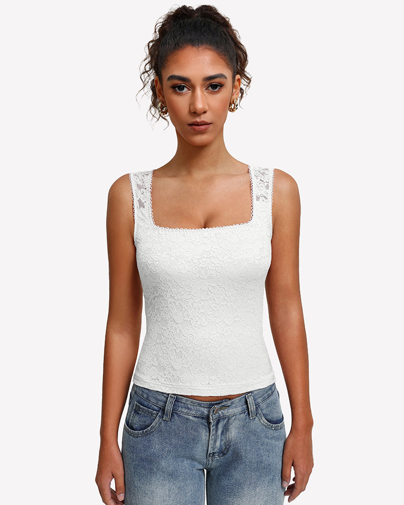 White lace square-neck double-lined going-out top, front view