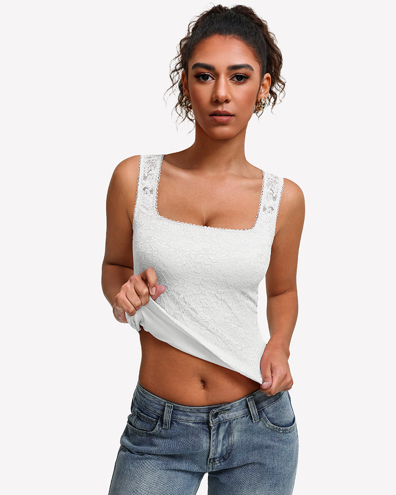 Square-neck double-lined lace going-out top, white, sleeveless