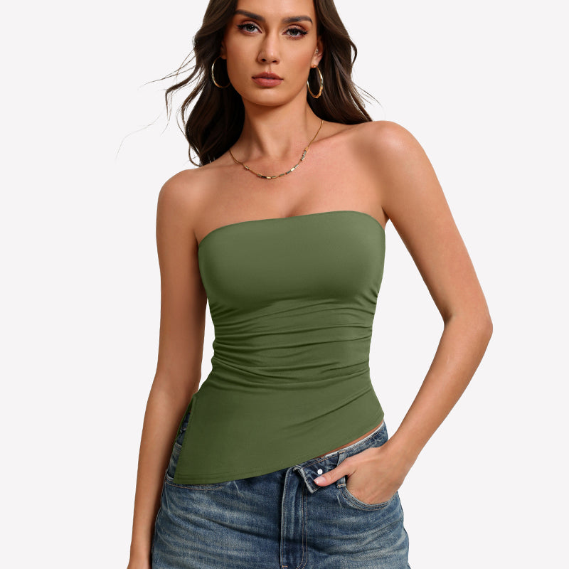 Green strapless tube top with ruched, double-lined look and smooth fit