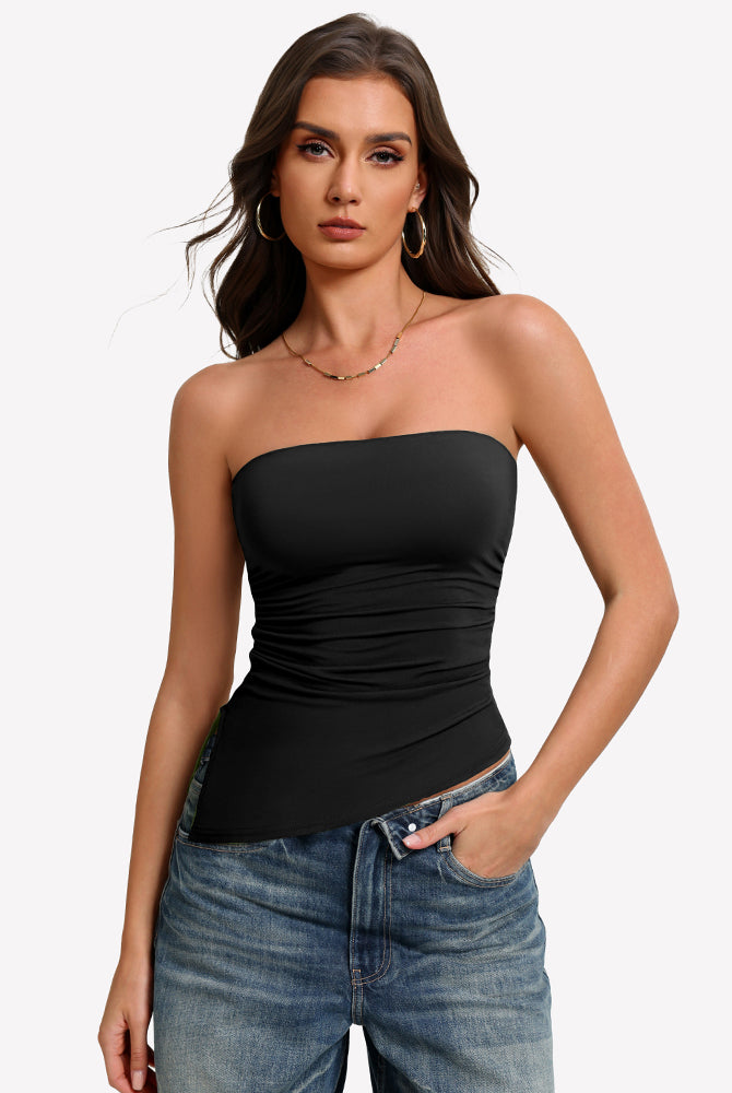 Black strapless tube top with ruched fabric and smooth fitted waist