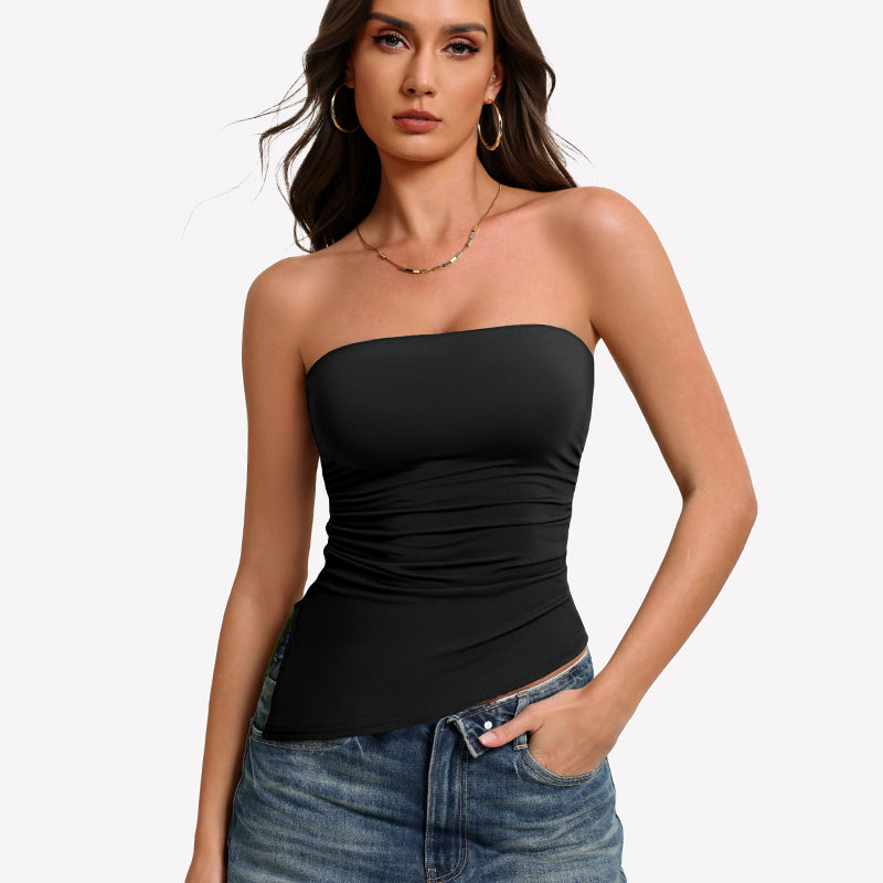 Black strapless tube top with ruched fabric and smooth fitted waist
