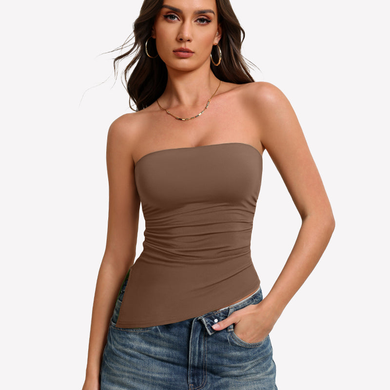 Brown strapless tube top with ruched fabric and smooth fitted silhouette